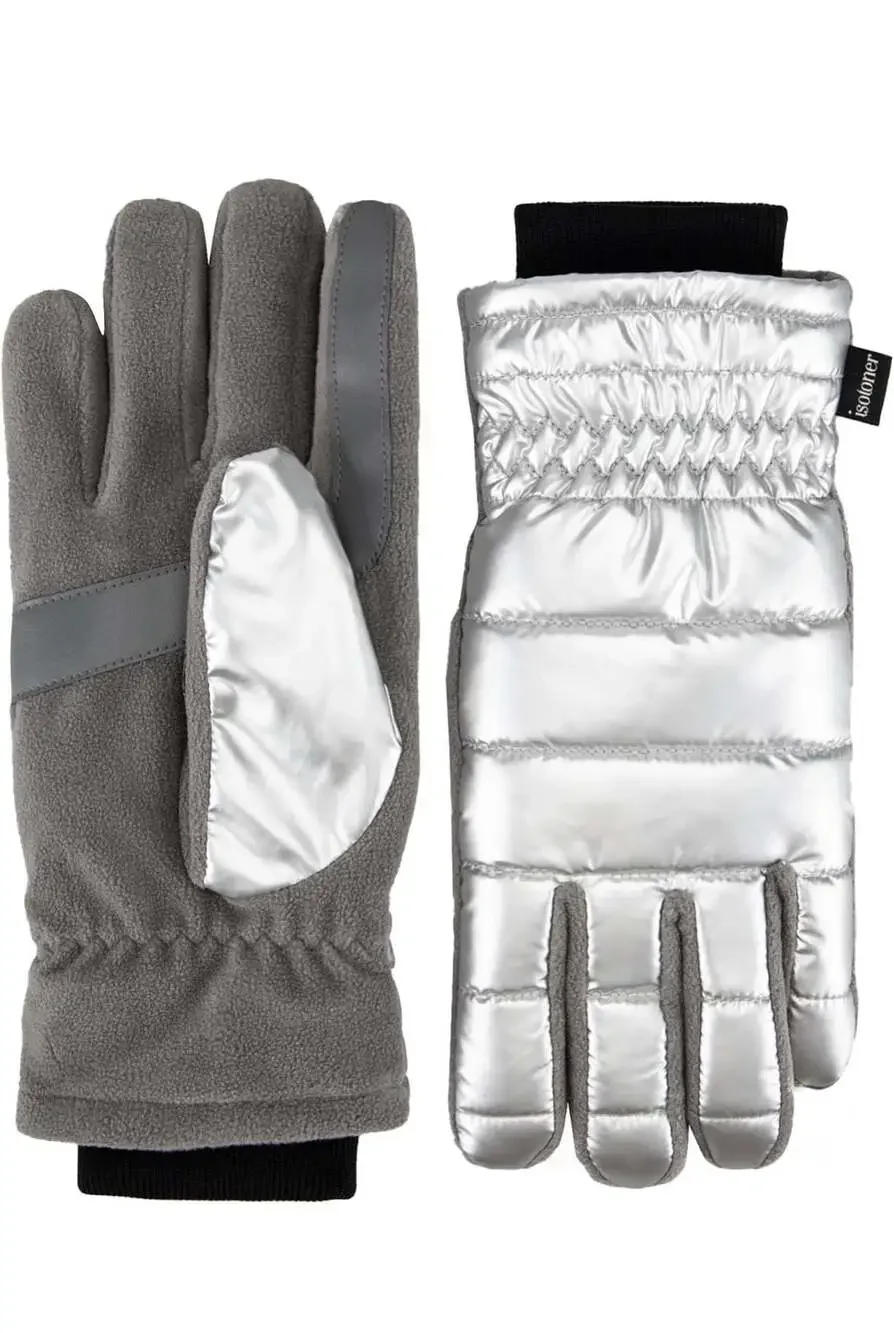 Isotoner Women's SleekHeat Metallic Puffer and Fleece SmartTouch Gloves
